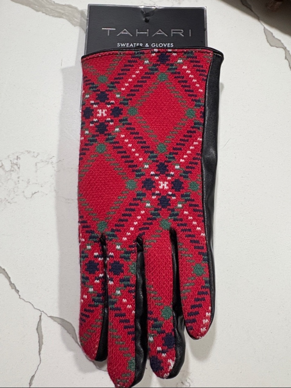 Tahari Red Plaid Knit & Black Leather Men's Gloves